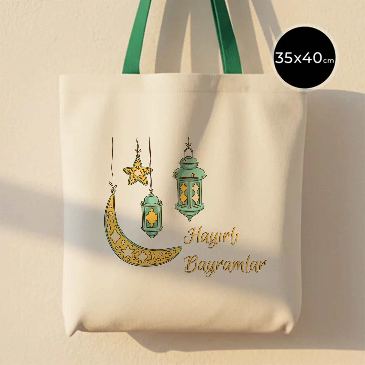 35x40 cm Yeşil Kulp Ham Bez Çanta Baskılı - Bayram Çantası