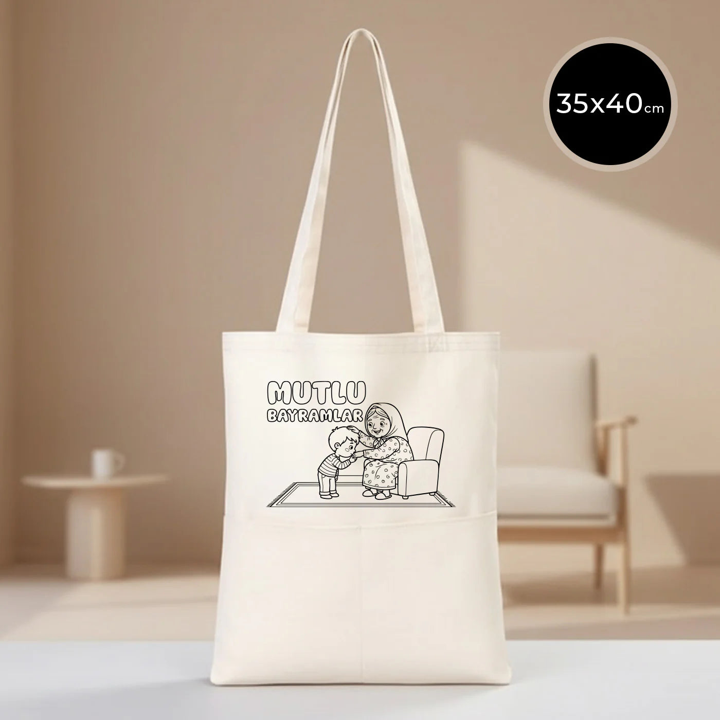 Boyanabilir 35x40 cm Gabardin Çift Cep Bölmeli Bez Çanta - Bayram Çantası