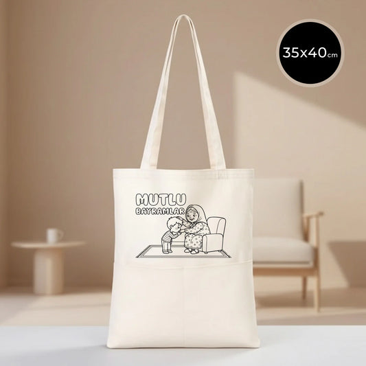 Boyanabilir 35x40 cm Gabardin Çift Cep Bölmeli Bez Çanta - Bayram Çantası