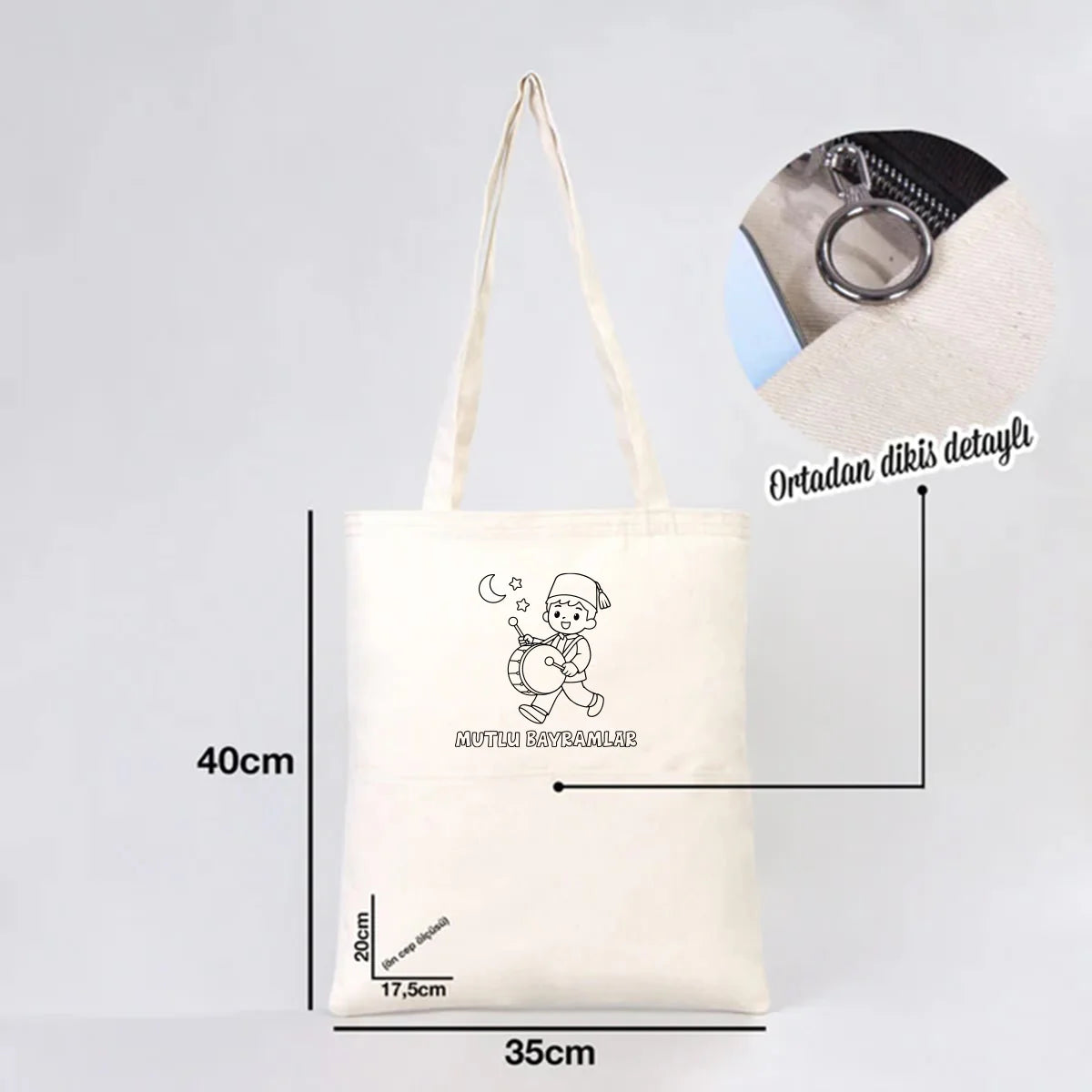 Boyanabilir 35x40 cm Gabardin Çift Cep Bölmeli Bez Çanta - Bayram Çantası - detay görünüm