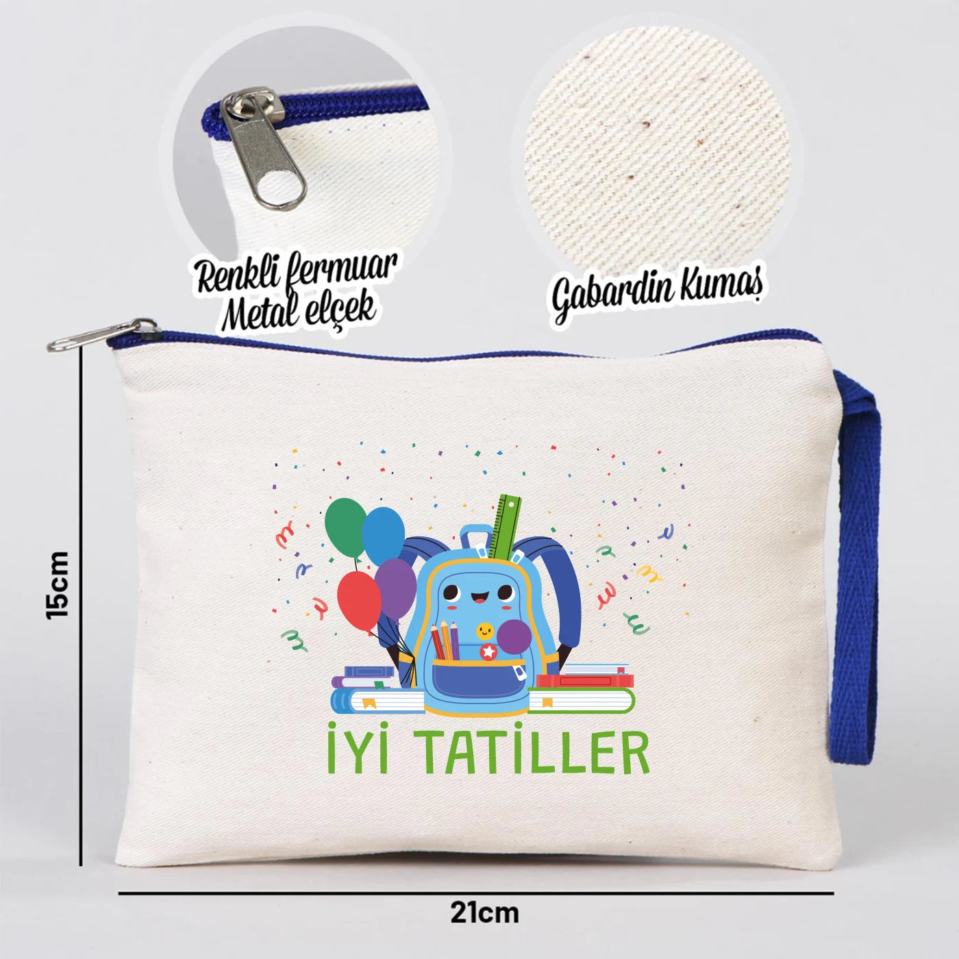 Karne Günü Desenli Clutch –  Saks Mavisi Fermuarlı 21×15 cm (Özelleştirilebilir)