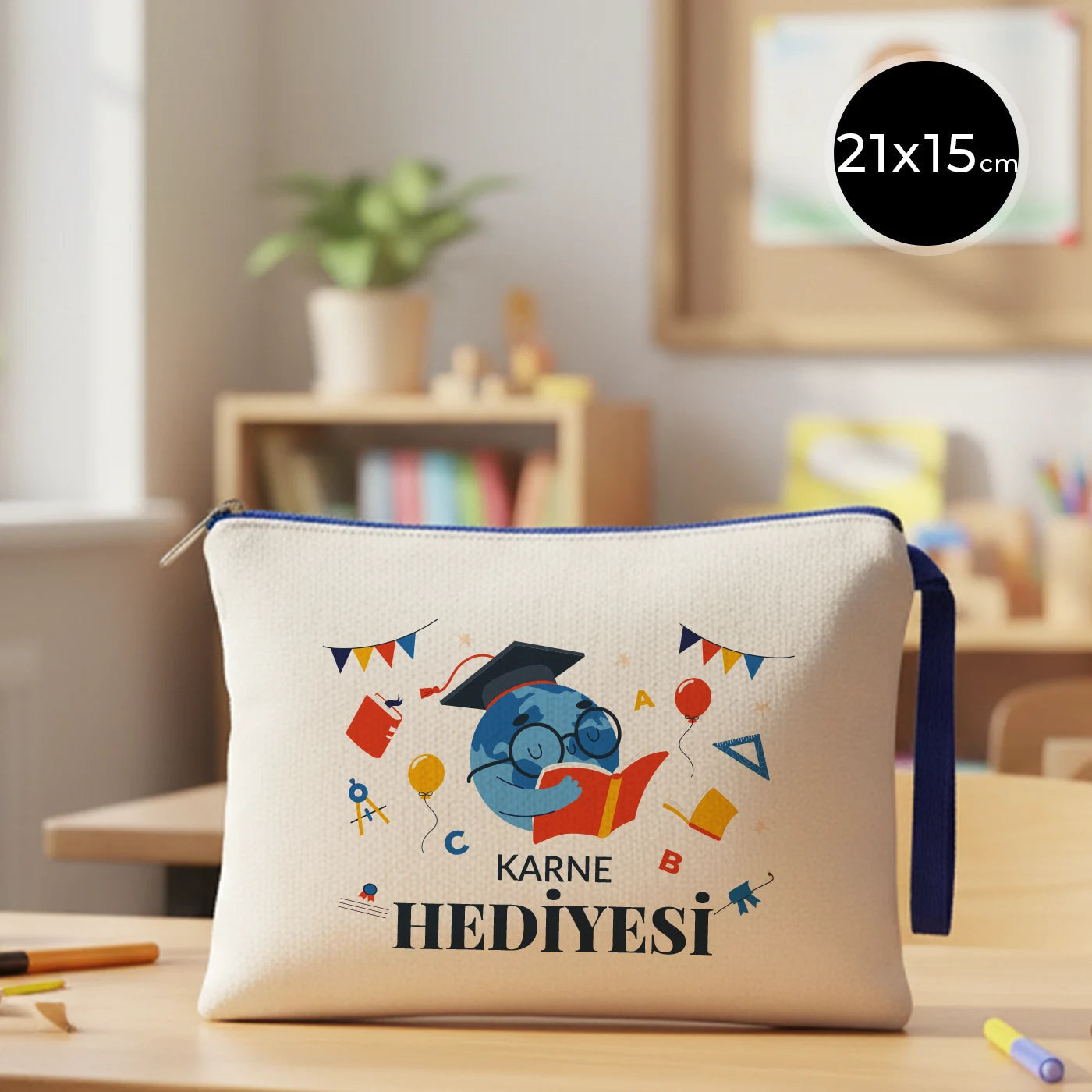 Karne Günü Desenli Clutch –  Saks Mavisi Fermuarlı 21×15 cm (Özelleştirilebilir)