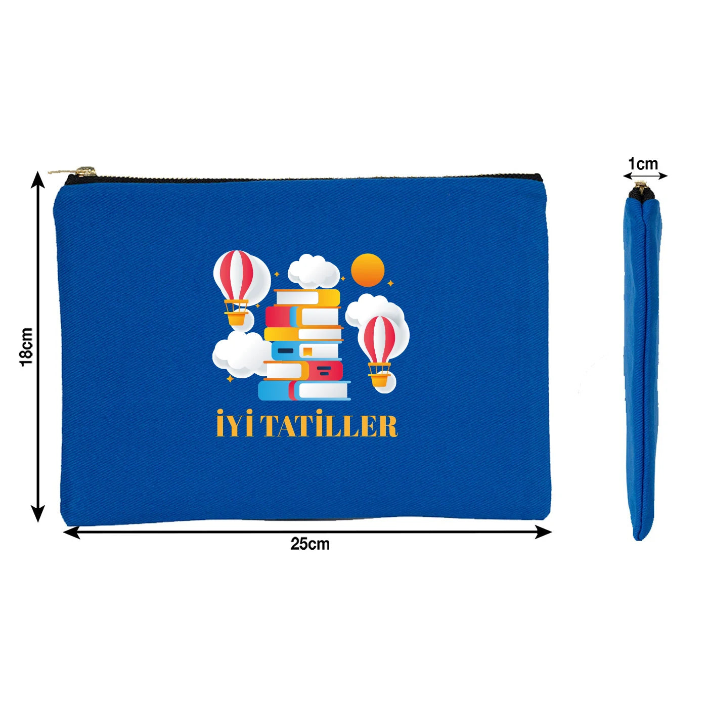 Saks mavi karne günü temalı Prime clutch çanta 25×18 cm, okul figürlü ve özelleştirilebilir karne hediyesi tasarımı