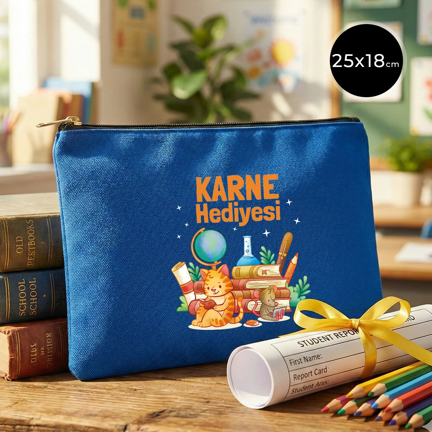 Saks mavi karne günü temalı Prime clutch çanta 25×18 cm, okul figürlü ve özelleştirilebilir karne hediyesi tasarımı