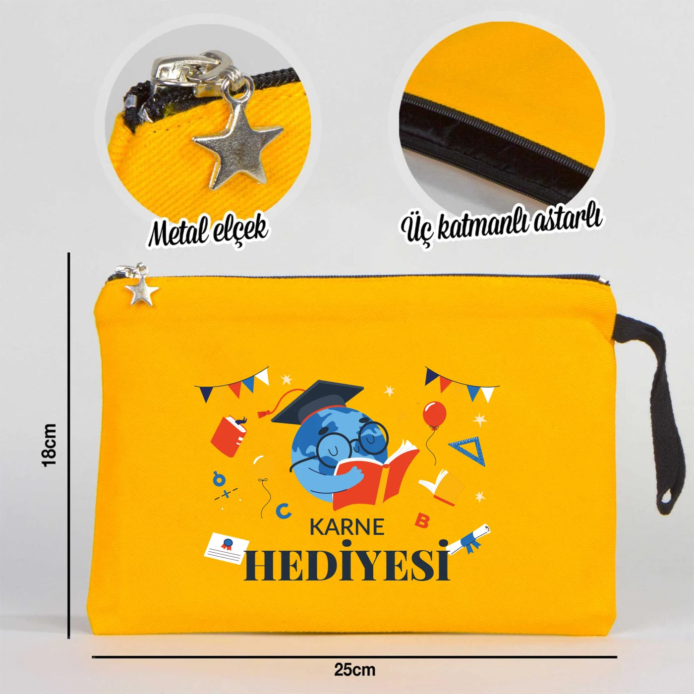 Sarı karne günü temalı kanvas clutch çanta, okul figürlü ve özelleştirilebilir karne hediyesi tasarımı