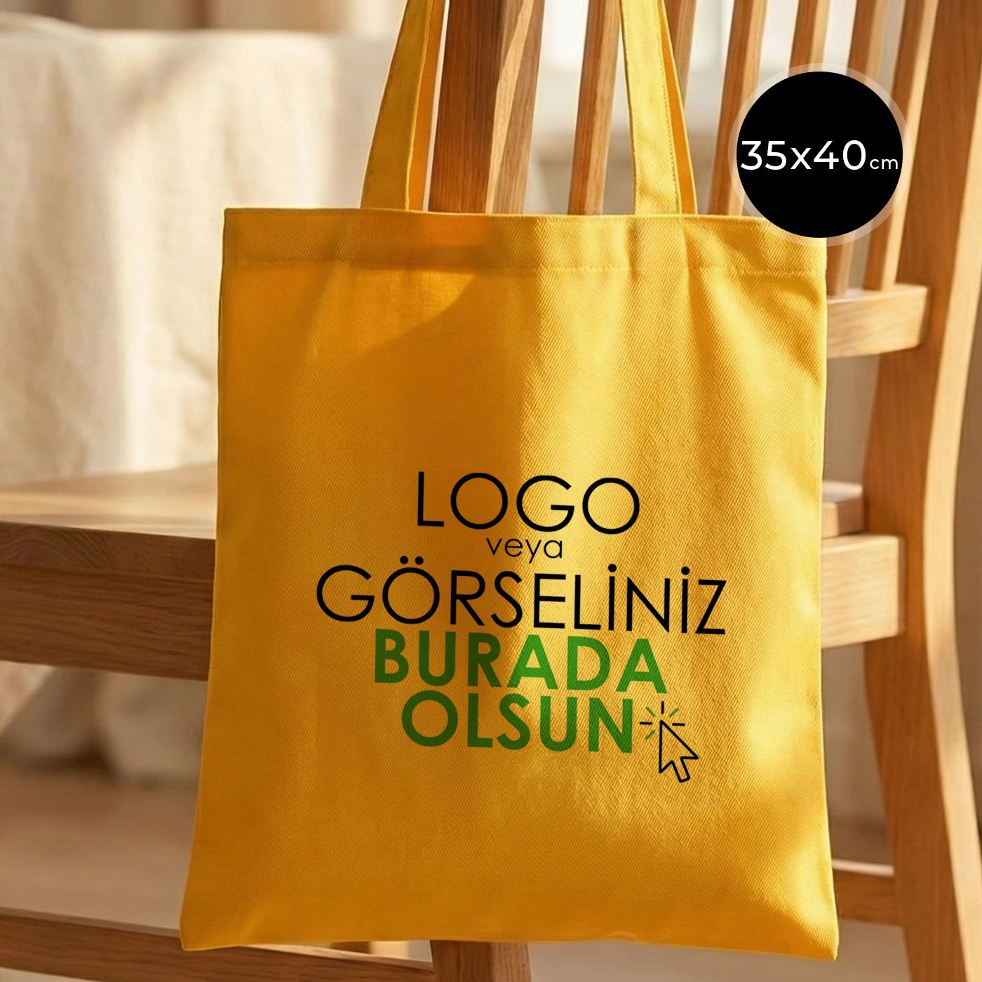 Sarı renkli, gabardin bezden üretilmiş 35x40 cm boyutlarında dayanıklı ve şık çanta.
