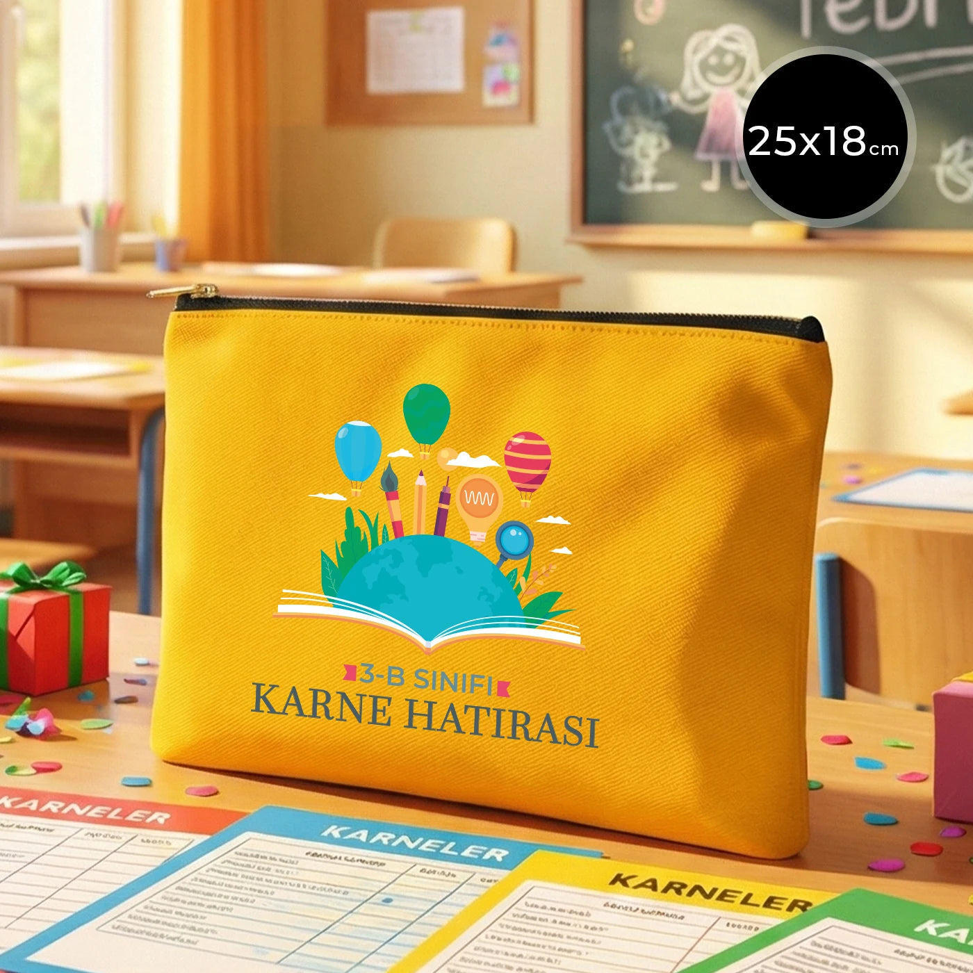 Sarı karne günü temalı Prime clutch çanta, okul figürlü ve özelleştirilebilir karne hediyesi tasarımı