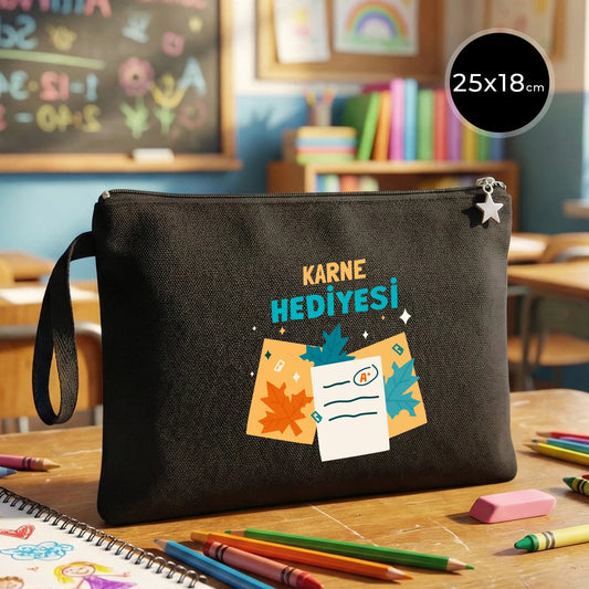 Siyah karne günü temalı astarlı clutch çanta, okul figürlü ve özelleştirilebilir karne hediyesi tasarımı