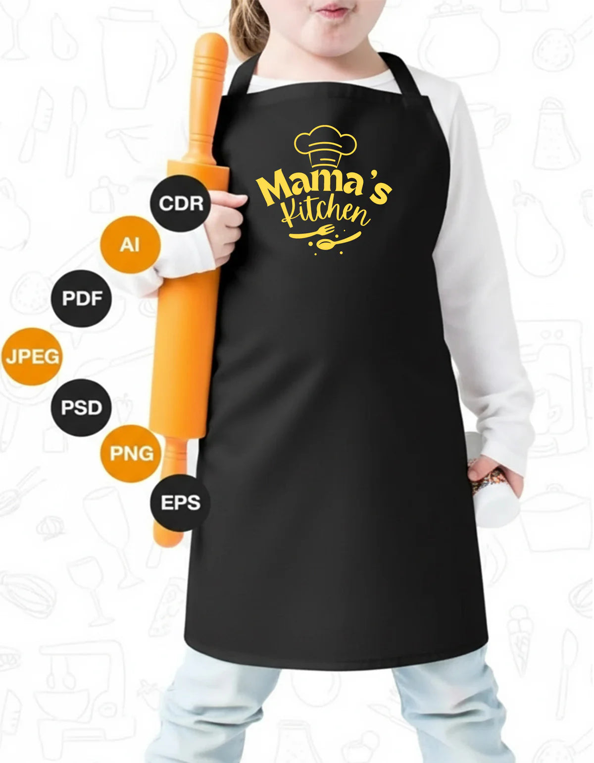 Mutfak Önlüğü Çocuk %100 Pamuk Kumaş Siyah - Özelleştirilebilir - yakın çekim