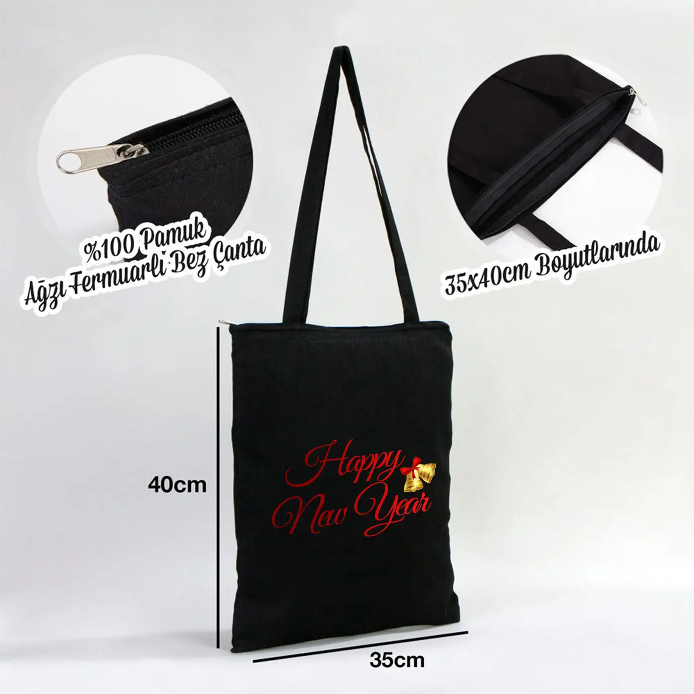 Yeni Yıl Tema Tasarımlı Fermuarlı Siyah Bez Çanta 35x40cm (Özelleştirilebilir)