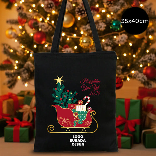 Yeni Yıl Tema Tasarımlı Fermuarlı Siyah Bez Çanta 35x40cm (Özelleştirilebilir)