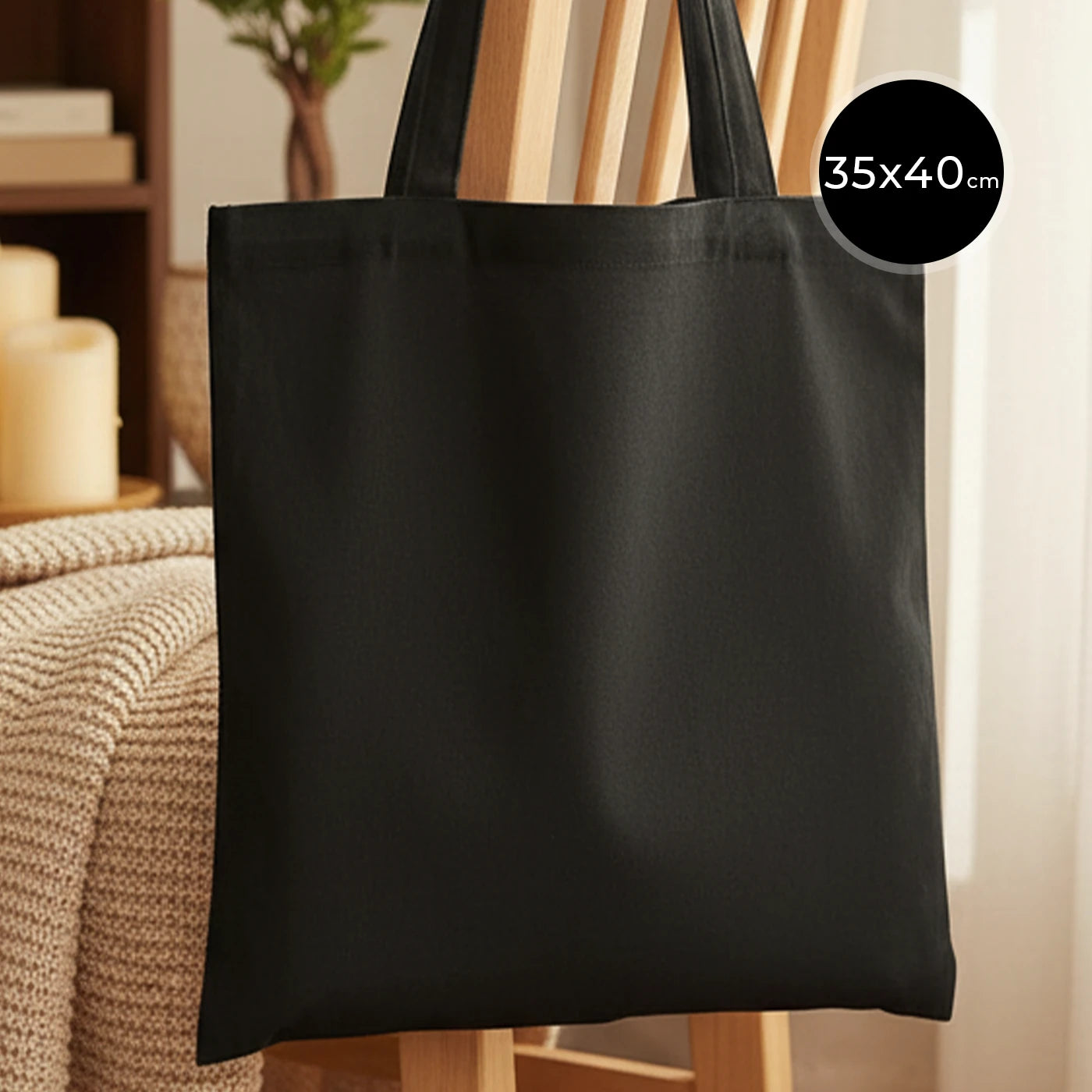 siyah ham bez çanta, 35x40 cm boyutlarında, doğal kumaş dokusu görünen sade bez çanta