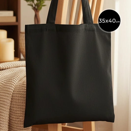 siyah ham bez çanta, 35x40 cm boyutlarında, doğal kumaş dokusu görünen sade bez çanta