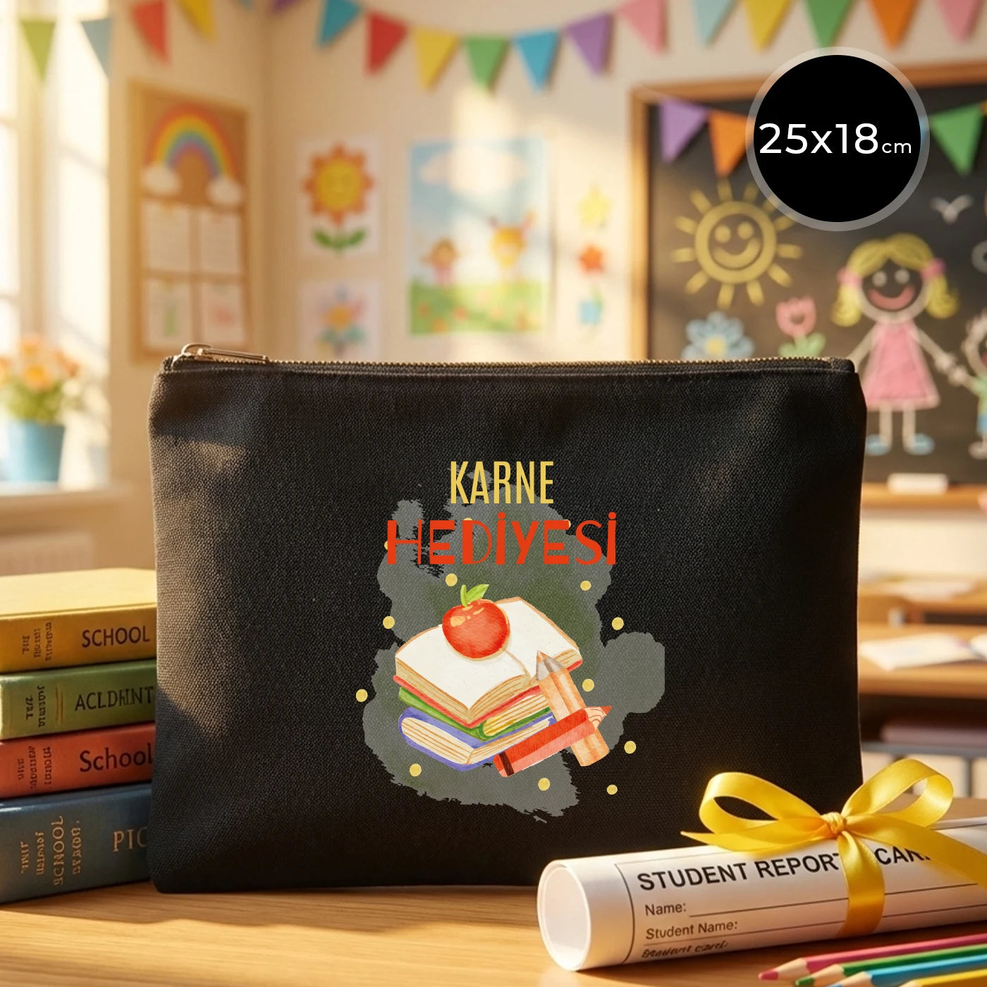 Siyah karne günü temalı Prime clutch çanta, okul figürlü ve özelleştirilebilir karne hediyesi tasarımı