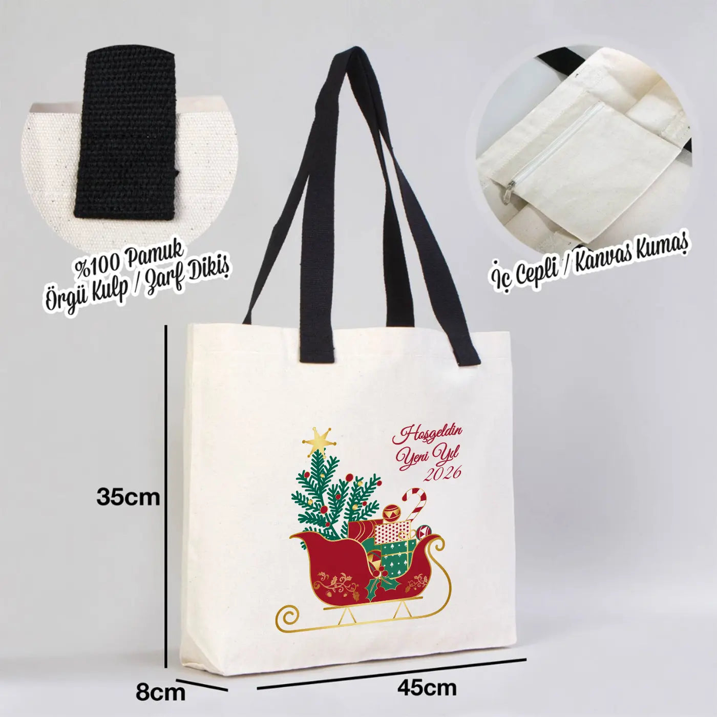 Yılbaşı Modern Kanvas Çanta - Dıştan Siyah Örgü Kulp 45x35x8 cm (Özelleştirilebilir)