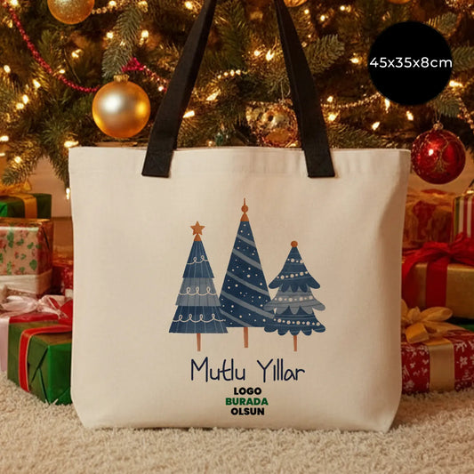 Yılbaşı Modern Kanvas Çanta - Dıştan Siyah Örgü Kulp 45x35x8 cm (Özelleştirilebilir)