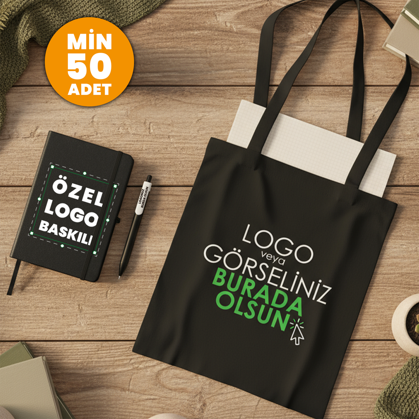 “Siyah kurumsal hediye seti; özel logo baskılı bez çanta, not defteri ve tükenmez kalem içeren şık promosyon hediye paketi.”