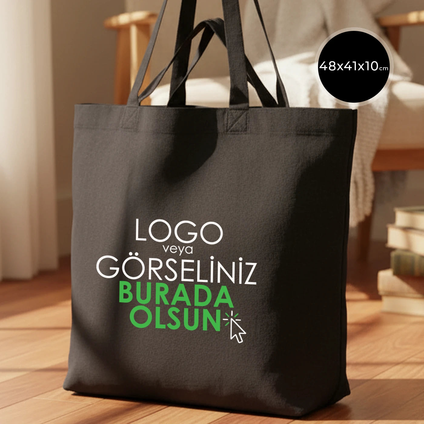 Siyah renkli, ham bezden üretilmiş 48x41x10 cm boyutlarında geniş alışveriş ve market çantası.
