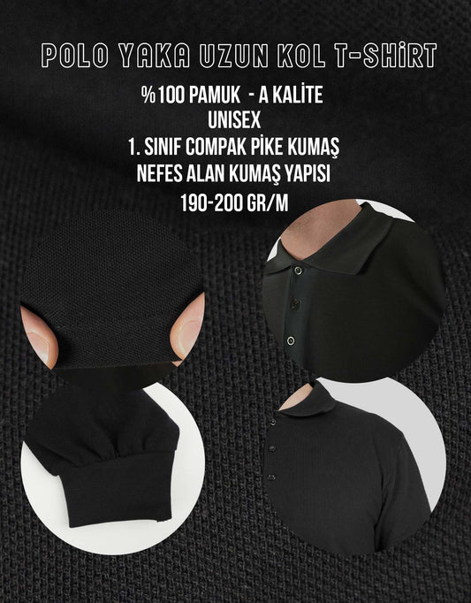Baskılı Polo Yaka Uzun Kol Siyah Tişört