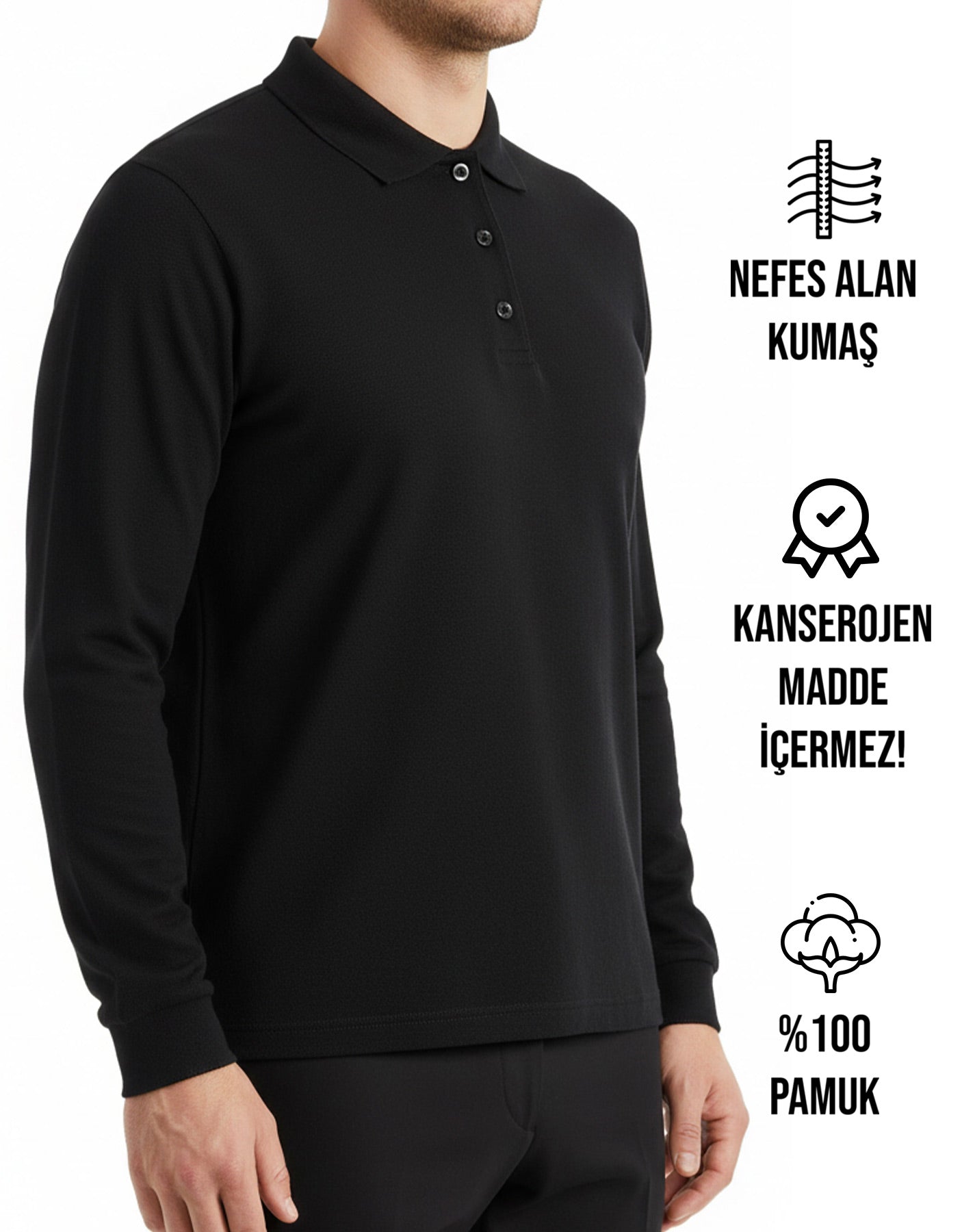 Baskılı Polo Yaka Uzun Kol Siyah Tişört