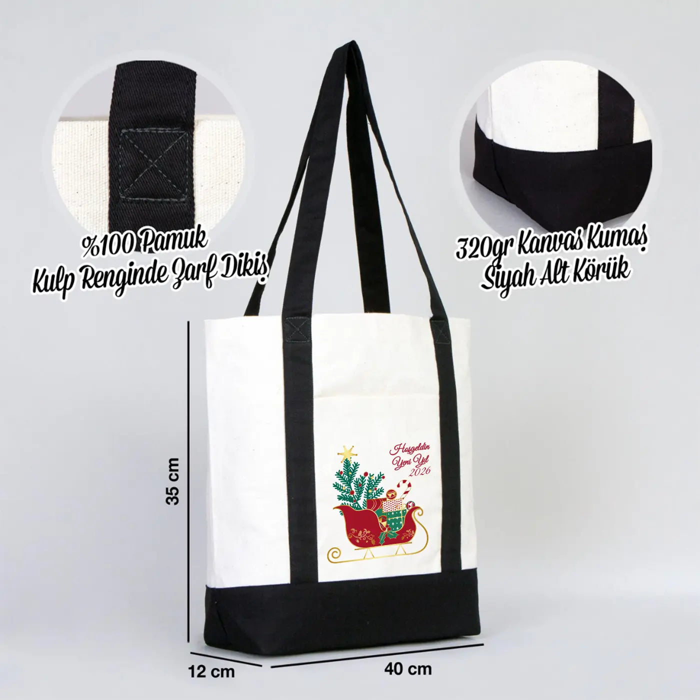 Yeni Yıl Özel Trend Kanvas Çanta 40x35x12cm - Siyah Renkli Kulp (Özelleştirilebilir)