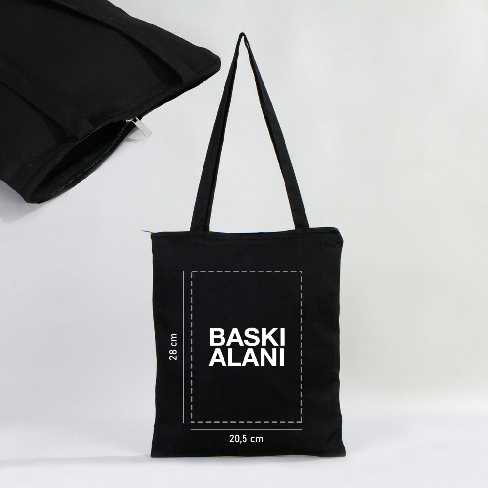 Fermuarlı Siyah Gabardin Bez Çanta 35x40cm (Özelleştirilebilir)