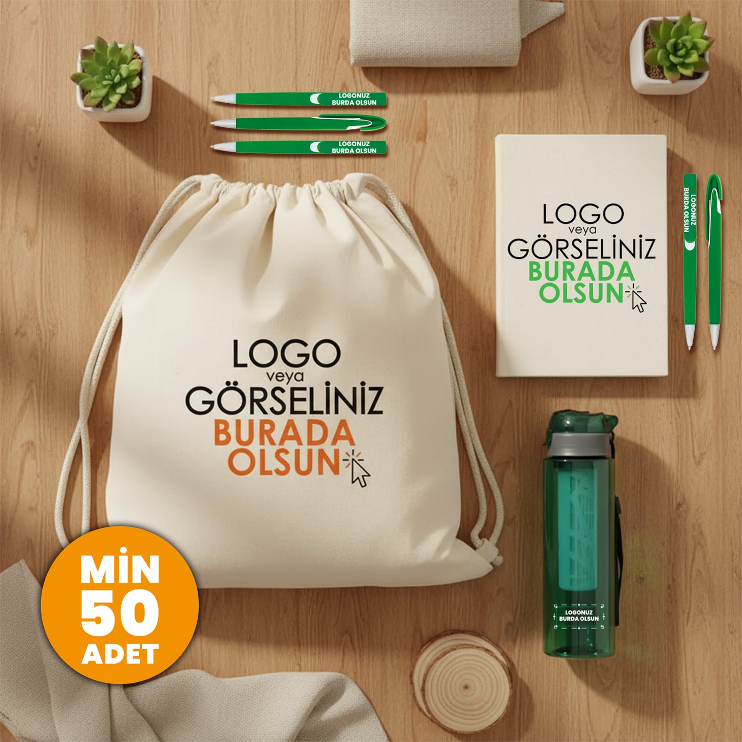 “Spor ve wellness hediye seti; logo baskılı büzgülü sırt çantası, çelik termos matara, not defteri ve tükenmez kalem içeren kurumsal promosyon hediye paketi.”