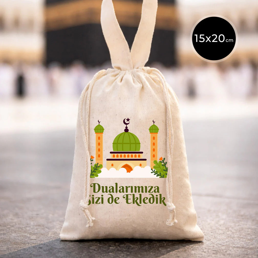 Hac ve Umre Hediyelik Ham Bez Çanta | 15x20 cm Kabe-i Muazzama’dan Selam ve D...