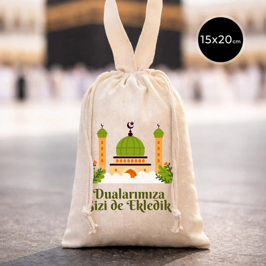 Hac ve Umre Hediyelik Ham Bez Çanta | 15x20 cm Kabe-i Muazzama’dan Selam ve D...