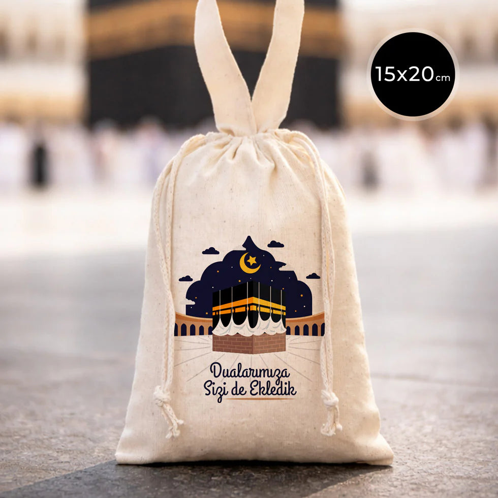 15x20 cm Dualarımıza Sizi de Ekledik | Hac ve Umre Hediyelik Bez Kese Tek Tut...