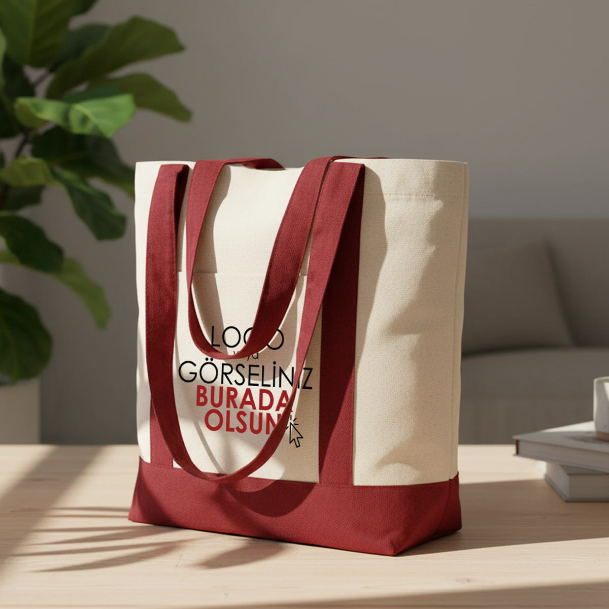 Trend Kanvas Çanta 40x35x12cm - Bordo Renkli Kulp (Özelleştirilebilir)