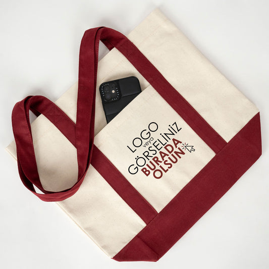 Trend Kanvas Çanta 40x35x12cm - Bordo Renkli Kulp (Özelleştirilebilir)