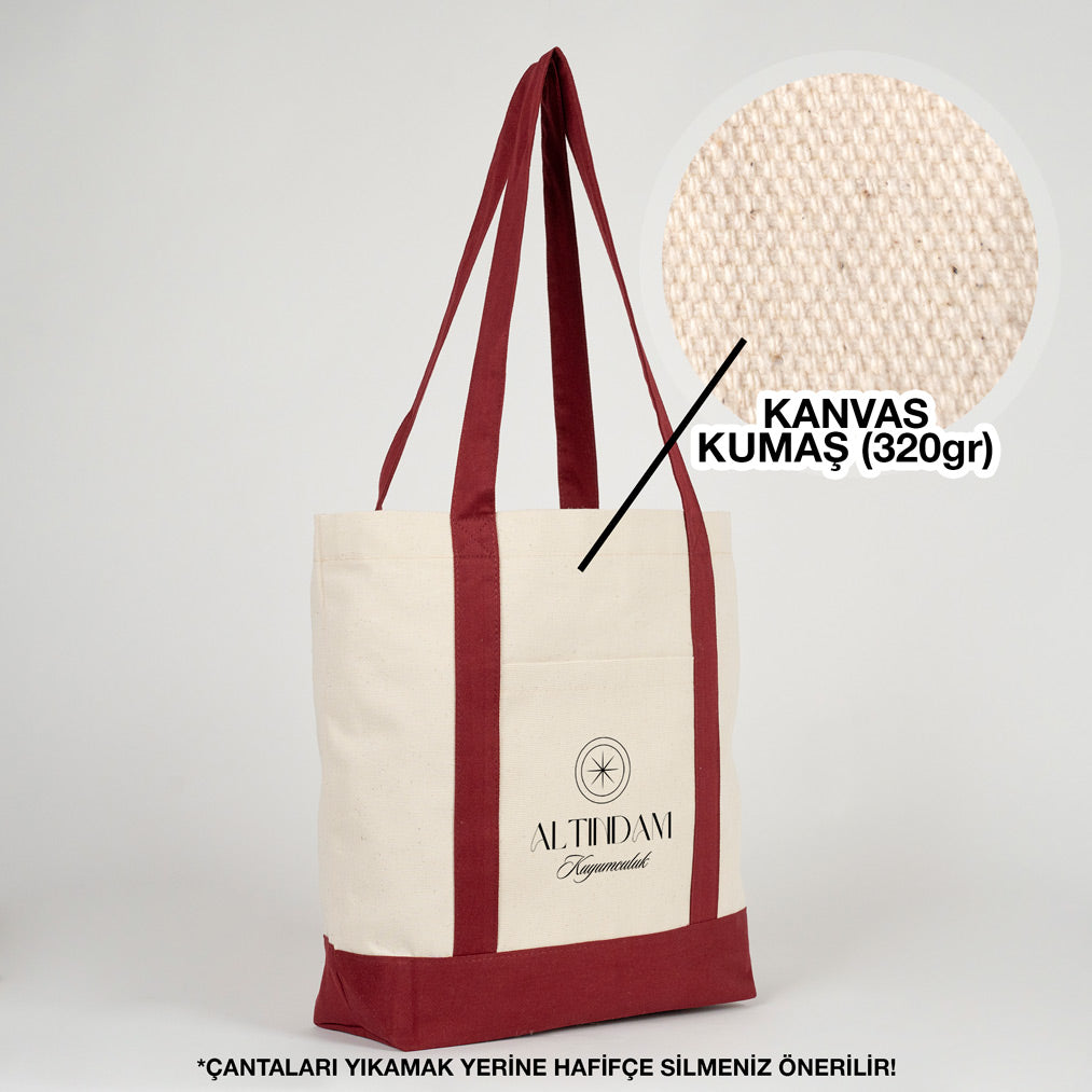 Trend Kanvas Çanta 40x35x12cm - Bordo Renkli Kulp (Özelleştirilebilir)