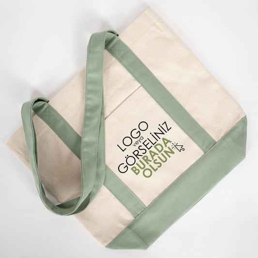 Trend Kanvas Çanta 40x35x12cm - Mint Yeşili Renkli Kulp (Özelleştirilebilir)