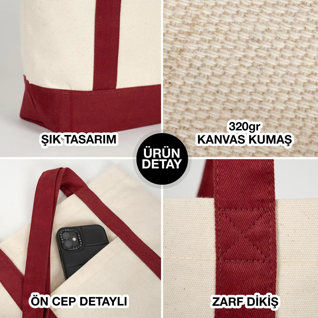 40x35x12 cm Trend Kanvas Çanta Bordo Kulp - Kadınlar Günü Hediyesi