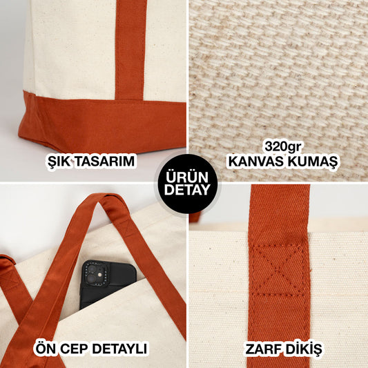 Trend Kanvas Çanta 40x35x12cm - Kahverengi Renkli Kulp (Özelleştirilebilir)