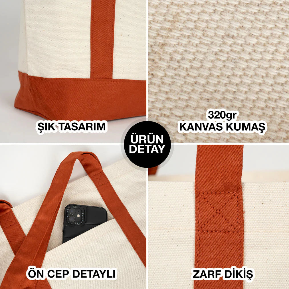 40x35x12 cm Trend Kanvas Çanta Kiremit Kulp - Kadınlar Günü Hediyesi - görsel 8