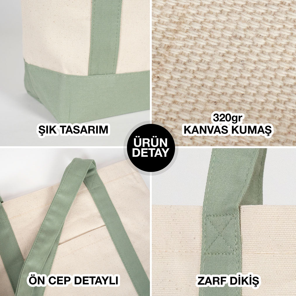 Trend Kanvas Çanta 40x35x12cm - Mint Yeşili Renkli Kulp