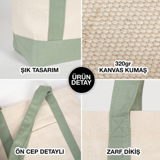 Trend Kanvas Çanta 40x35x12cm - Mint Yeşili Renkli Kulp (Özelleştirilebilir)