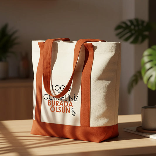 Trend Kanvas Çanta 40x35x12cm - Kahverengi Renkli Kulp (Özelleştirilebilir)