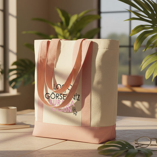 Trend Kanvas Çanta 40x35x12cm - Pembe Renkli Kulp (Özelleştirilebilir)