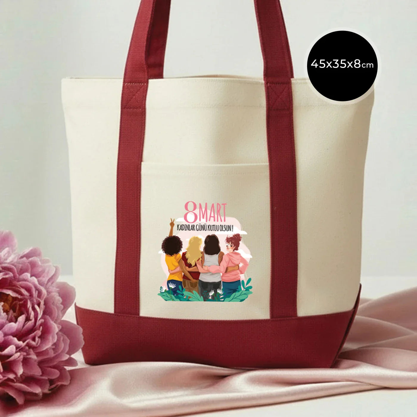 40x35x12 cm Trend Kanvas Çanta Bordo Kulp - Kadınlar Günü Hediyesi