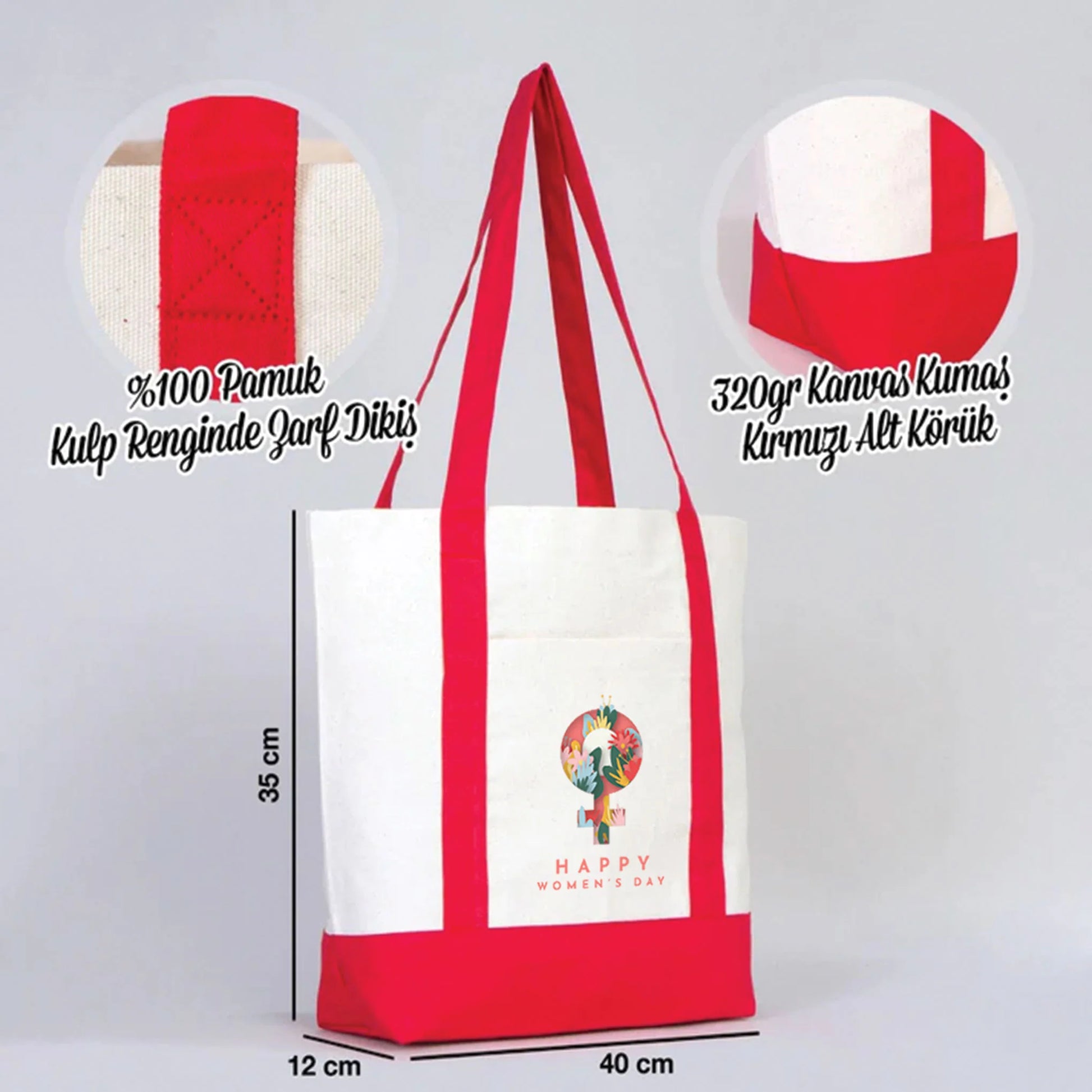 40x35x12 cm Trend Kanvas Çanta Kırmızı Kulp - Kadınlar Günü Hediyesi - detay görünüm