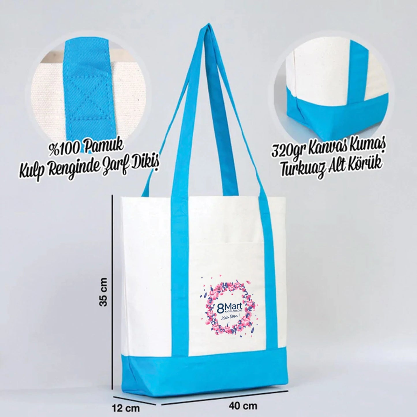 40x35x12 cm Trend Kanvas Çanta Turkuaz Kulp - Kadınlar Günü Hediyesi - detay görünüm
