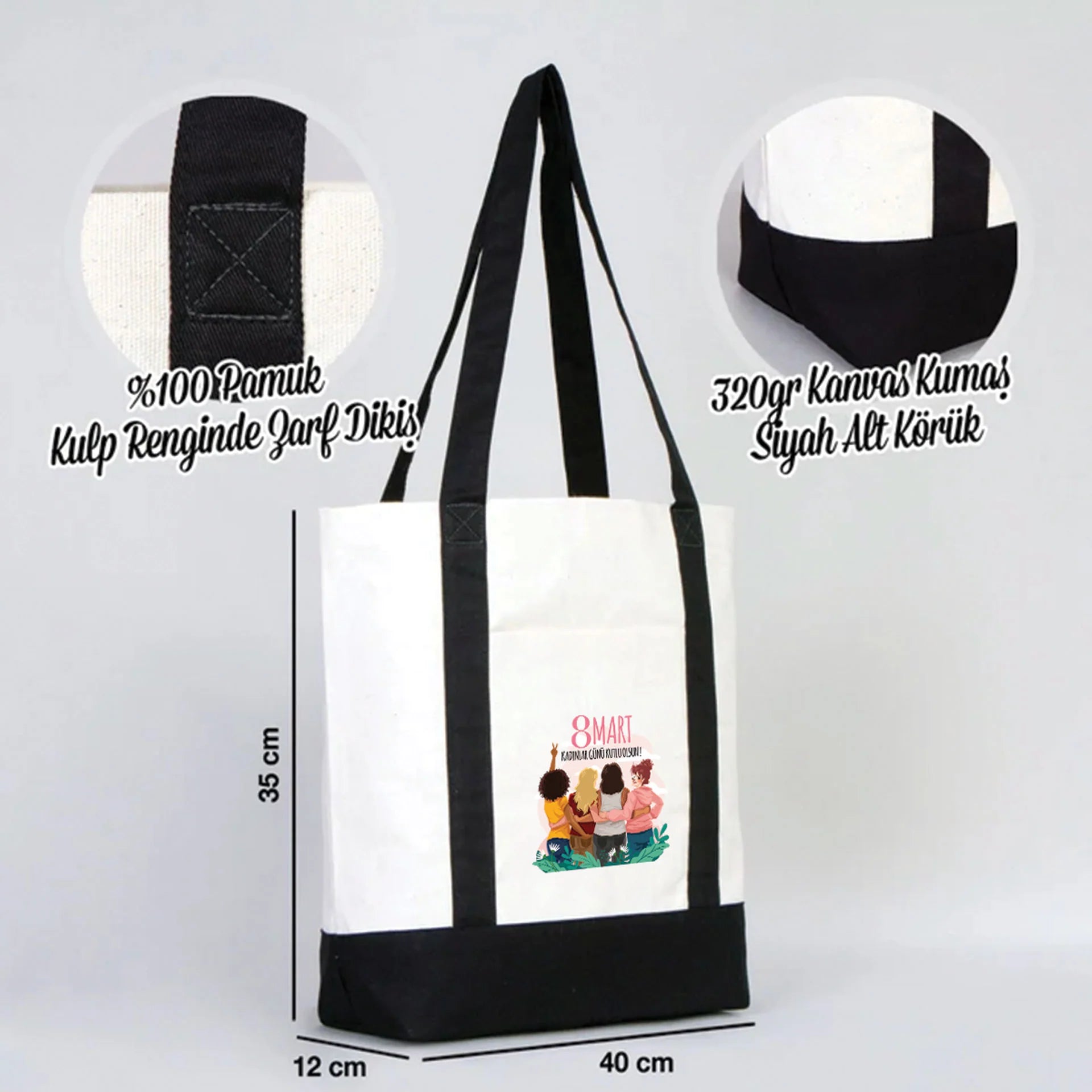 40x35x12 cm Trend Kanvas Çanta Siyah Kulp - Kadınlar Günü Hediyesi - detay görünüm