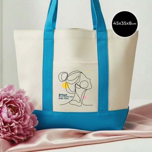 40x35x12 cm Trend Kanvas Çanta Turkuaz Kulp - Kadınlar Günü Hediyesi