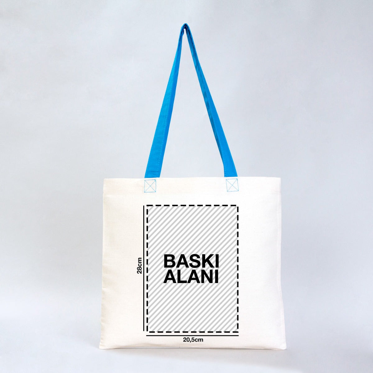 Karne Hediyesi baskılı, mavi saplı 40×35 cm bez tote çanta; dünya figürü, mezuniyet kepi, kitap ve balon desenli okul temalı çanta.