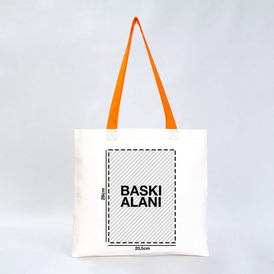 40×35 cm doğal renkli kumaş tote çanta, turuncu askı detayları ve ön yüzünde karne temalı renkli baskı bulunan model.