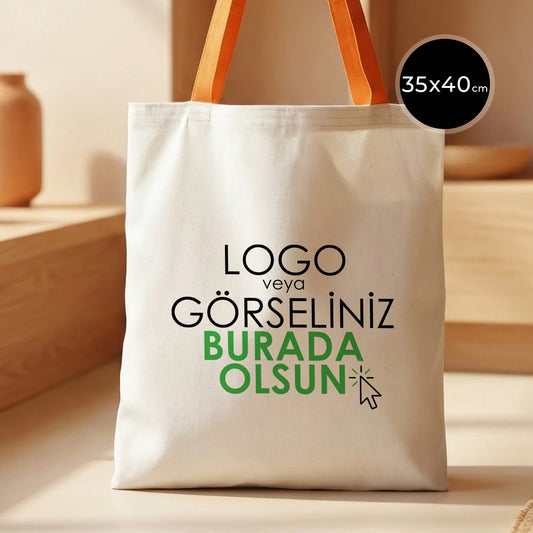 Turuncu kulplu, ham bezden üretilmiş 35x40 cm boyutlarında pratik ve şık çanta.

