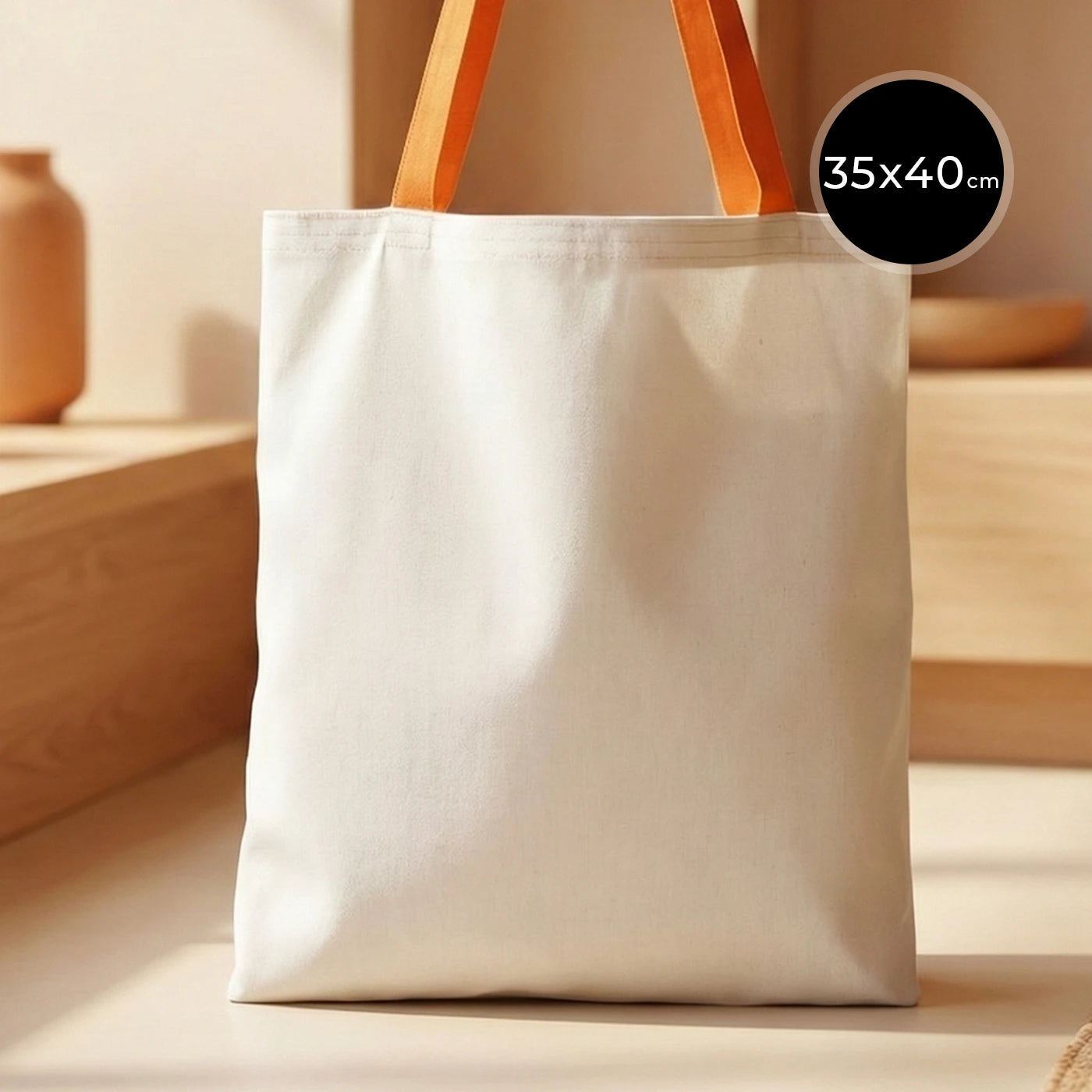 Turuncu kulplu, ham bezden üretilmiş 35x40 cm boyutlarında pratik ve şık çanta.
